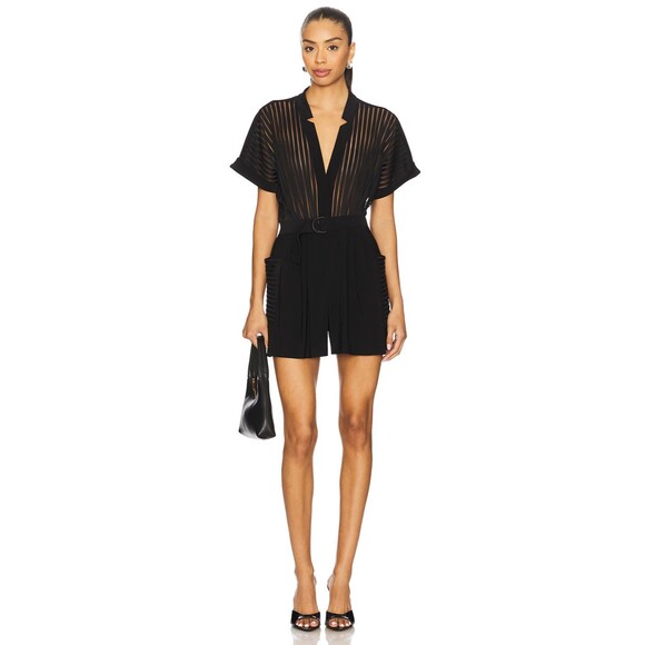 Norma Kamali Pants - HOLES NORMA KAMALI Womens Deep V Neck Black Geralyn Poly Romper Jumpshorts Sz M